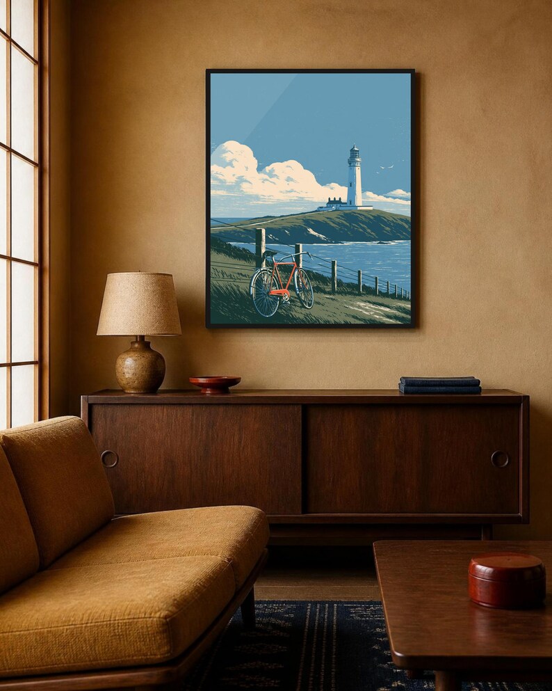 Japanese Wall Art Printable, Lighthouse Coastal Landscape Poster, Vintage Red Bicycle Print, Seaside Art, Digital Download, 5 Sizes image 9