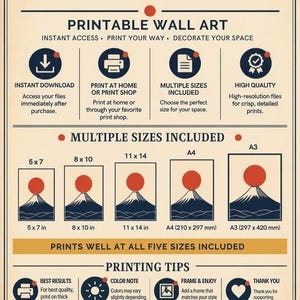 May include: A digital download informational graphic for printable wall art featuring a mountain and sun illustration. It lists five sizes: 5x7, 8x10, 11x14 inches, A4, and A3, along with printing tips, quality details, and instructions for instant access.