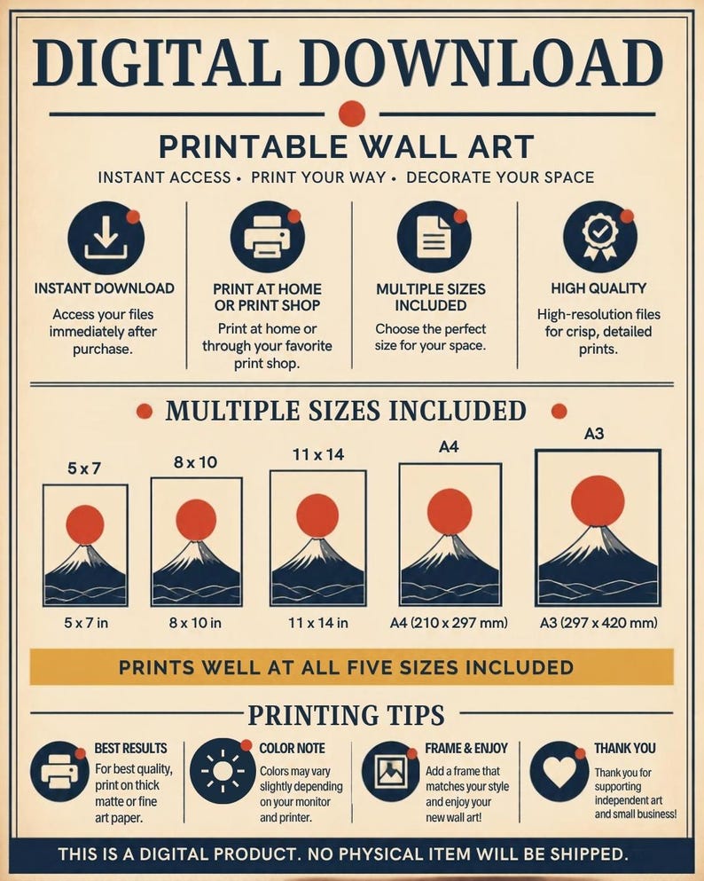 May include: A digital download informational graphic for printable wall art featuring a mountain and sun illustration. It lists five sizes: 5x7, 8x10, 11x14 inches, A4, and A3, along with printing tips, quality details, and instructions for instant access.