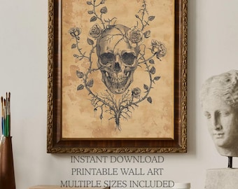 Arte mural de calavera gótica, póster de calavera estilo academia oscura, estampado de calavera floral, decoración gótica para dormitorio, arte mural imprimible