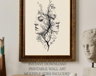 Op de afbeelding: Een ingelijste muurkunstprint met een zwart-witte inktillustratie van twee gezichten verbonden door een centrale boom met takken en bloemen. De tekst luidt INSTANT DOWNLOAD PRINTABLE WALL ART MULTIPLE SIZES INCLUDED.