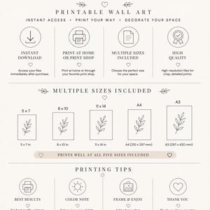 May include: A digital download information graphic for printable wall art. It lists features like instant download, high quality, and multiple sizes including 5x7, 8x10, 11x14 inches, A4, and A3. It includes printing tips and a note that no physical item is shipped.
