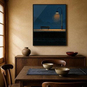 Japanese Wall Art Printable, Night Train Station Poster, Vintage Japan Print, Moody Blue Wall Art, Digital Download, Japandi Decor image 7