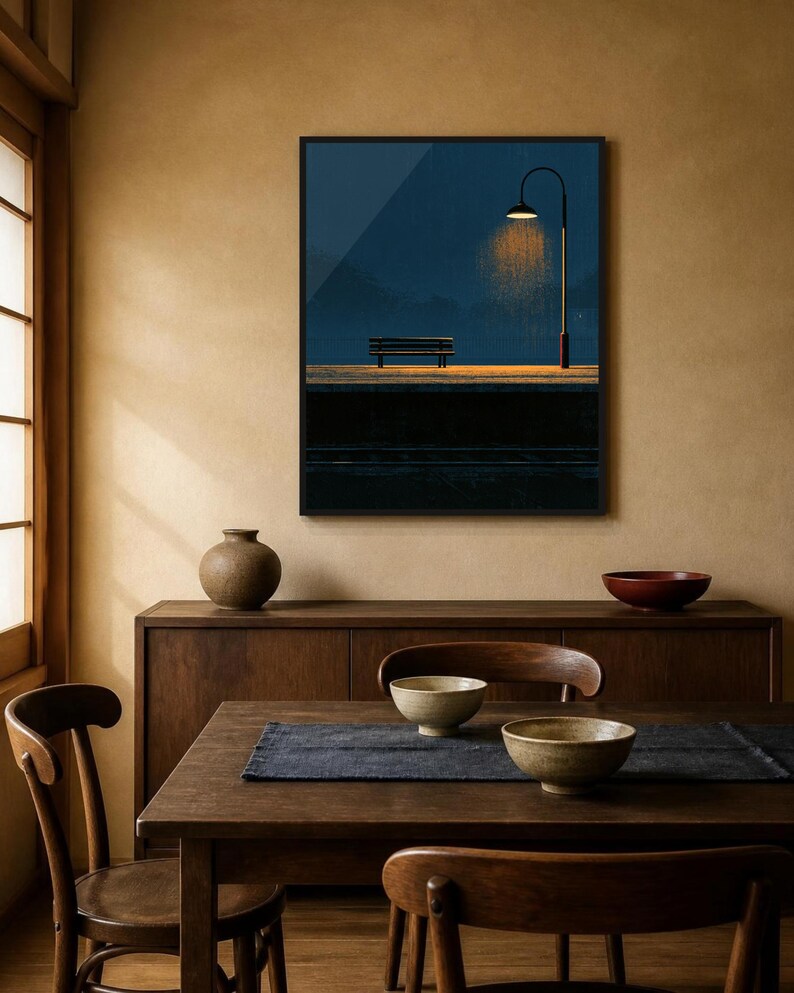 Japanese Wall Art Printable, Night Train Station Poster, Vintage Japan Print, Moody Blue Wall Art, Digital Download, Japandi Decor image 7