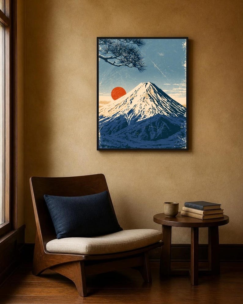 May include: A framed wall art print featuring a stylised illustration of a snow-capped mountain peak under a blue sky with a large red sun and a pine tree branch in the upper corner, rendered in a textured, vintage-inspired graphic art style.