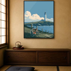 Japanese Wall Art Printable, Lighthouse Coastal Landscape Poster, Vintage Red Bicycle Print, Seaside Art, Digital Download, 5 Sizes image 5