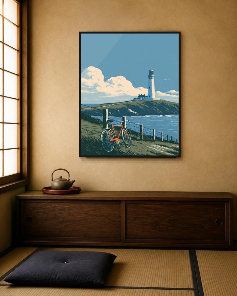 Japanese Wall Art Printable, Lighthouse Coastal Landscape Poster, Vintage Red Bicycle Print, Seaside Art, Digital Download, 5 Sizes image 5