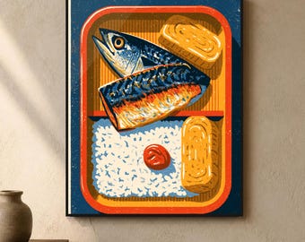 Japanese Wall Art Printable, Bento Box Kitchen Poster, Retro Japanese Food Print, Mackerel and Rice Art, Digital Download, Japandi Decor