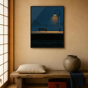 Japanese Wall Art Printable, Night Train Station Poster, Vintage Japan Print, Moody Blue Wall Art, Digital Download, Japandi Decor image 5