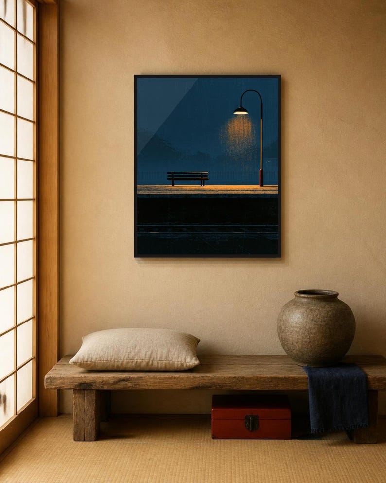 Japanese Wall Art Printable, Night Train Station Poster, Vintage Japan Print, Moody Blue Wall Art, Digital Download, Japandi Decor image 5