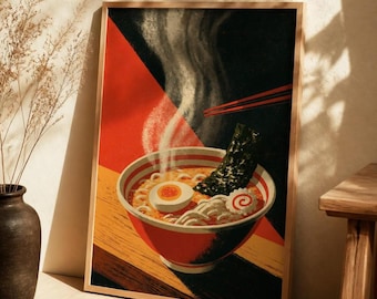 May include: A framed art print featuring a bowl of ramen with noodles, a soft-boiled egg, a slice of narutomaki, and a sheet of nori. The illustration uses a bold colour palette of red, black, and yellow with steam rising from the bowl.