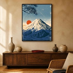 May include: A framed wall art print featuring a stylised illustration of a snow-capped mountain peak under a blue sky with a prominent red sun and dark pine tree branches in the upper left corner, rendered in a textured, vintage-inspired aesthetic.