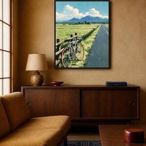 May include: A framed wall art print depicting a road bike leaning against a wooden fence beside a paved road. The scene features a green field, a distant mountain range under a blue sky with white clouds, and a small building in the background.