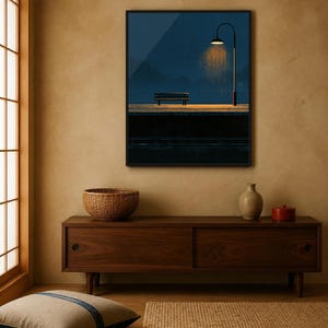 Japanese Wall Art Printable, Night Train Station Poster, Vintage Japan Print, Moody Blue Wall Art, Digital Download, Japandi Decor image 3