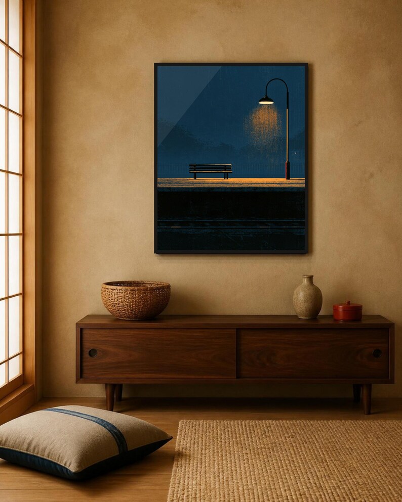 Japanese Wall Art Printable, Night Train Station Poster, Vintage Japan Print, Moody Blue Wall Art, Digital Download, Japandi Decor image 3