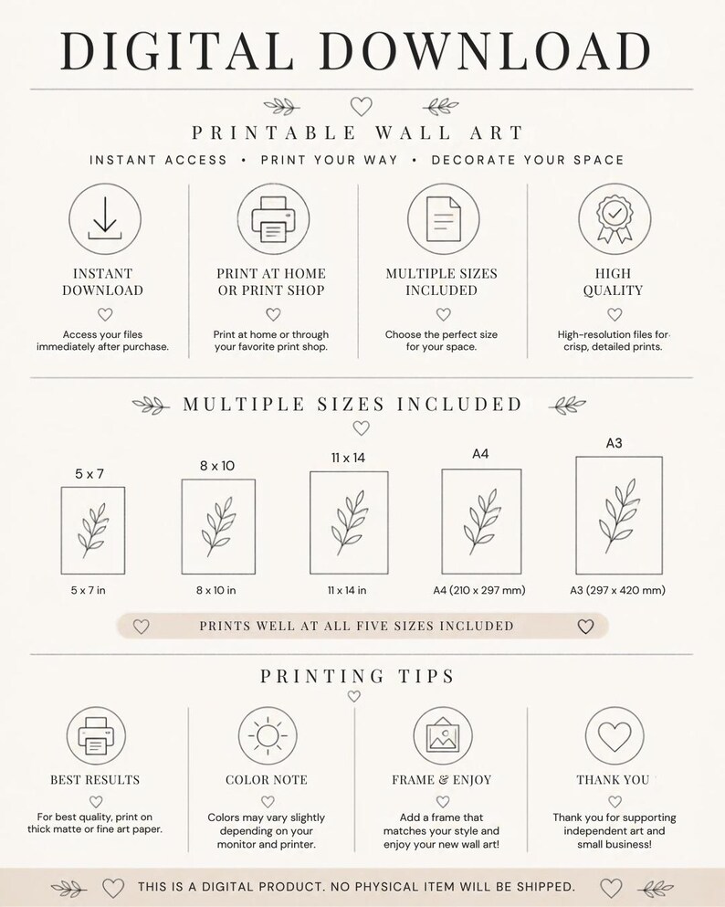 May include: A digital download information graphic for printable wall art. It lists features like instant download, high quality, and multiple sizes including 5x7, 8x10, 11x14 inches, A4, and A3. It includes printing tips and a note that no physical item is shipped.