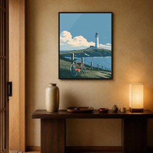 Japanese Wall Art Printable, Lighthouse Coastal Landscape Poster, Vintage Red Bicycle Print, Seaside Art, Digital Download, 5 Sizes image 8