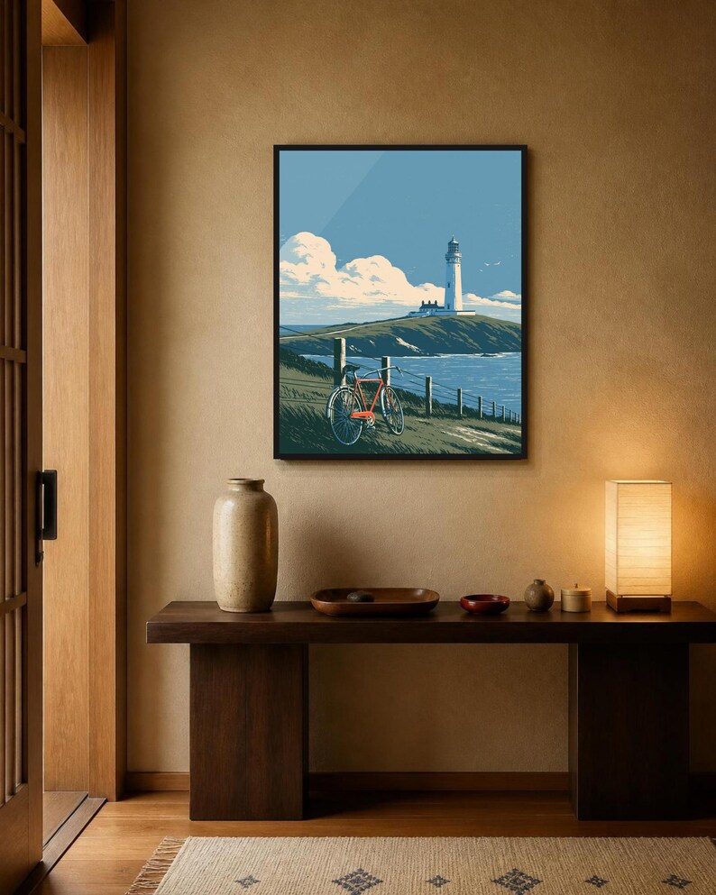 Japanese Wall Art Printable, Lighthouse Coastal Landscape Poster, Vintage Red Bicycle Print, Seaside Art, Digital Download, 5 Sizes image 8