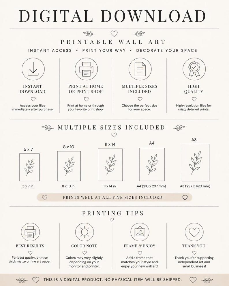 Op de afbeelding: Een digitale download-infographic voor printbare muurkunst. Het bevat functies zoals directe download, hoge kwaliteit en meerdere formaten, waaronder 5x7, 8x10, 11x14 inch, A4 en A3. Inclusief printtips en een opmerking dat er geen fysiek item wordt verzonden.