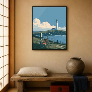 Japanese Wall Art Printable, Lighthouse Coastal Landscape Poster, Vintage Red Bicycle Print, Seaside Art, Digital Download, 5 Sizes image 4