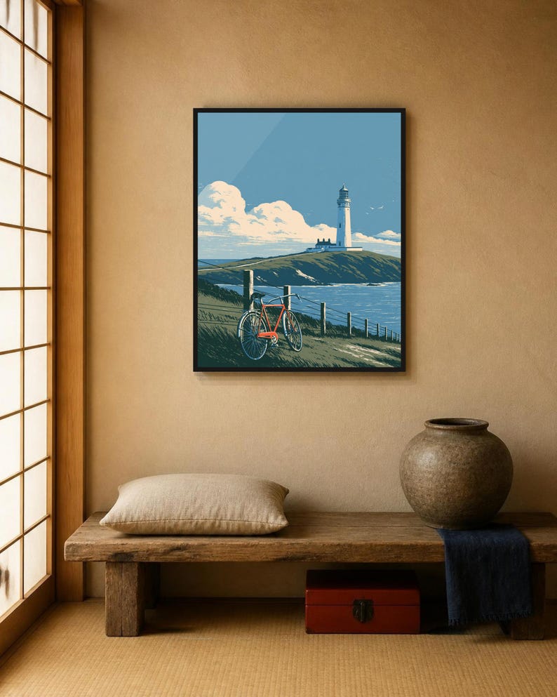 Japanese Wall Art Printable, Lighthouse Coastal Landscape Poster, Vintage Red Bicycle Print, Seaside Art, Digital Download, 5 Sizes image 4