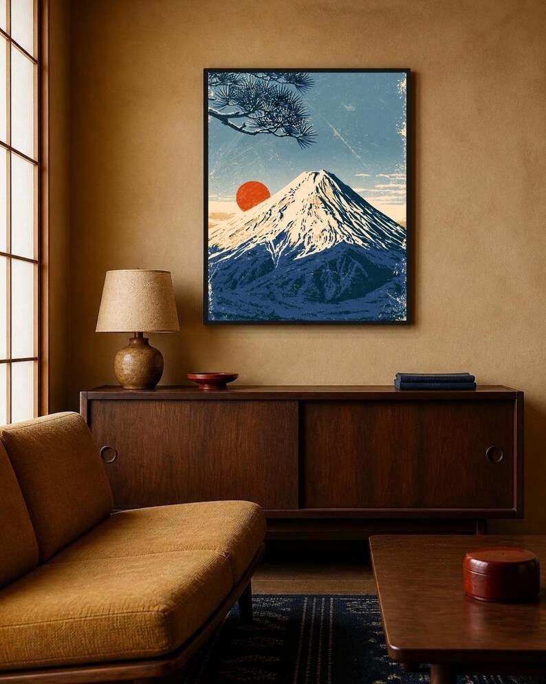 May include: A framed wall art print featuring a stylised illustration of a snow-capped mountain peak against a light blue sky. A vibrant red sun sits to the left of the mountain, with dark pine tree branches visible in the upper left corner.