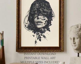 Gothic Woman Wall Art Printable, Dark Feminine Portrait Print, Gothic Floral Veil Art, Dark Academia Woman Poster, Vintage Gothic Download