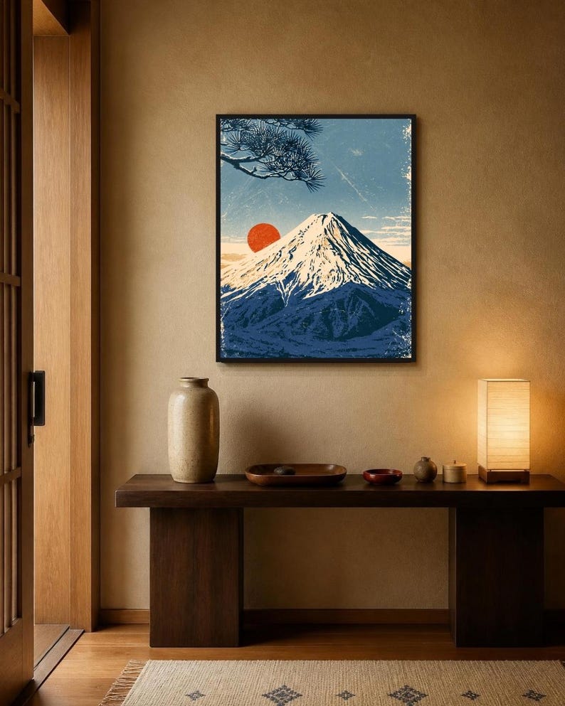 May include: A framed wall art print depicting a snow-capped mountain peak under a blue sky with a prominent red sun and pine tree branches. The artwork features a textured, vintage-inspired aesthetic with deep blue, white, and orange colour tones.