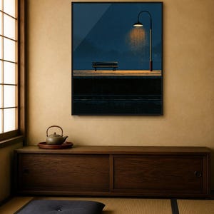 Japanese Wall Art Printable, Night Train Station Poster, Vintage Japan Print, Moody Blue Wall Art, Digital Download, Japandi Decor image 6