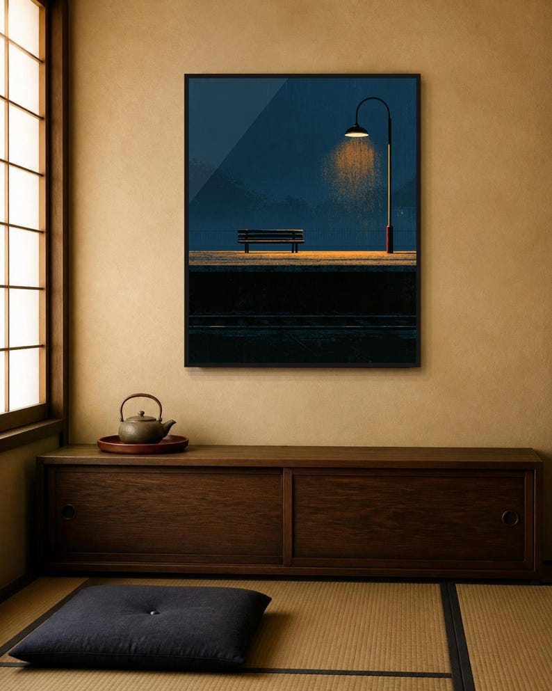Japanese Wall Art Printable, Night Train Station Poster, Vintage Japan Print, Moody Blue Wall Art, Digital Download, Japandi Decor image 6