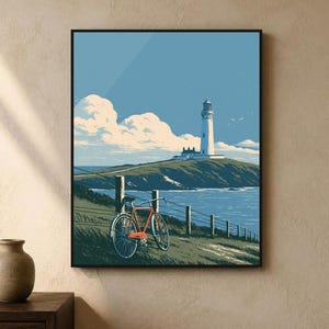 Japanese Wall Art Printable, Lighthouse Coastal Landscape Poster, Vintage Red Bicycle Print, Seaside Art, Digital Download, 5 Sizes image 2