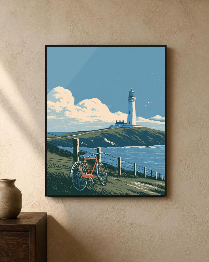 Japanese Wall Art Printable, Lighthouse Coastal Landscape Poster, Vintage Red Bicycle Print, Seaside Art, Digital Download, 5 Sizes image 2