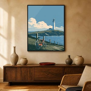 Japanese Wall Art Printable, Lighthouse Coastal Landscape Poster, Vintage Red Bicycle Print, Seaside Art, Digital Download, 5 Sizes image 12