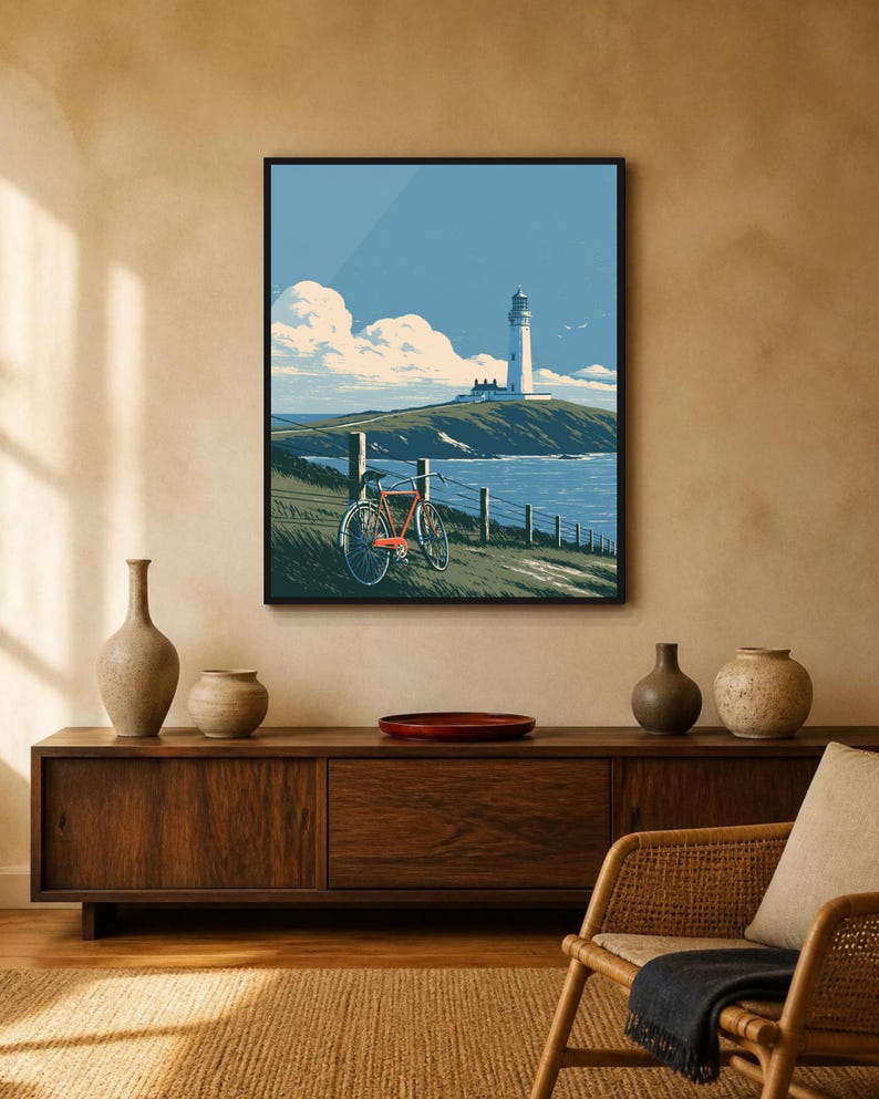Japanese Wall Art Printable, Lighthouse Coastal Landscape Poster, Vintage Red Bicycle Print, Seaside Art, Digital Download, 5 Sizes image 12