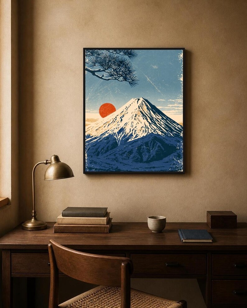May include: A framed wall art print featuring a stylised illustration of a snow-capped mountain peak under a blue sky with a prominent red sun and a pine tree branch in the upper left corner, rendered in a textured, vintage-inspired graphic style.