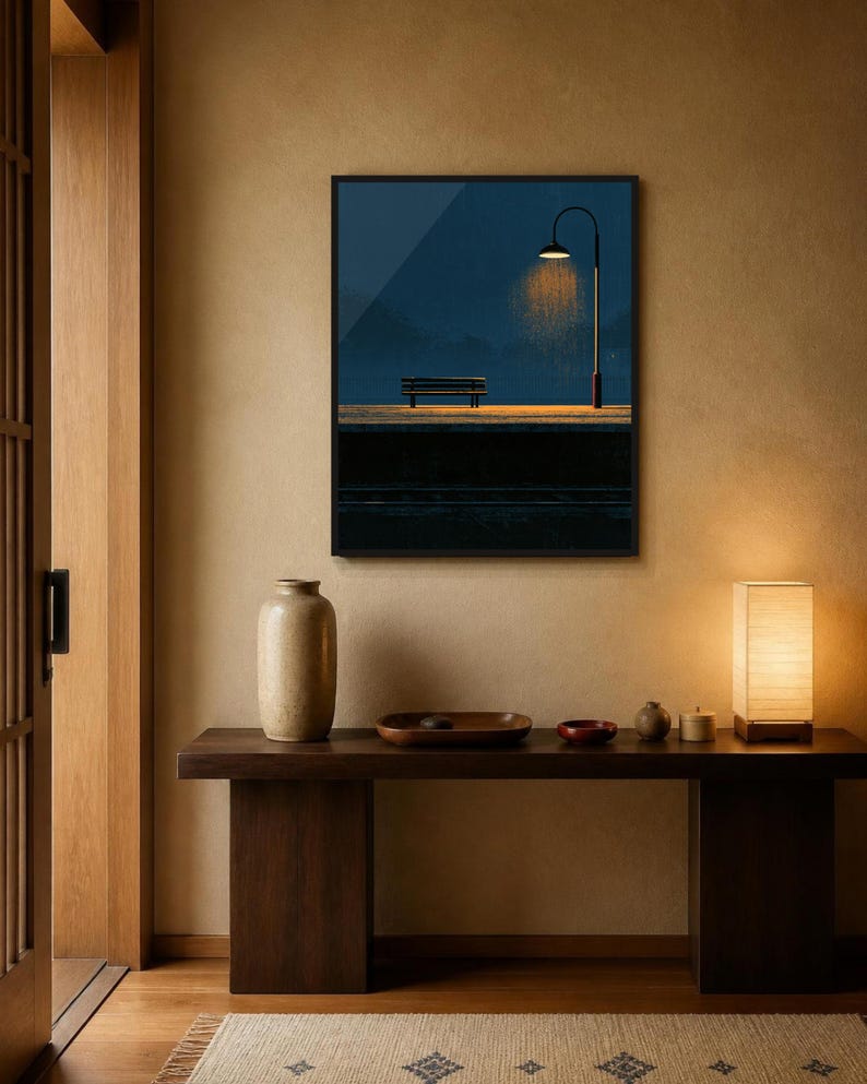 Japanese Wall Art Printable, Night Train Station Poster, Vintage Japan Print, Moody Blue Wall Art, Digital Download, Japandi Decor image 9