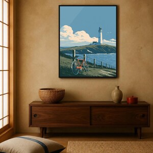 Japanese Wall Art Printable, Lighthouse Coastal Landscape Poster, Vintage Red Bicycle Print, Seaside Art, Digital Download, 5 Sizes image 3