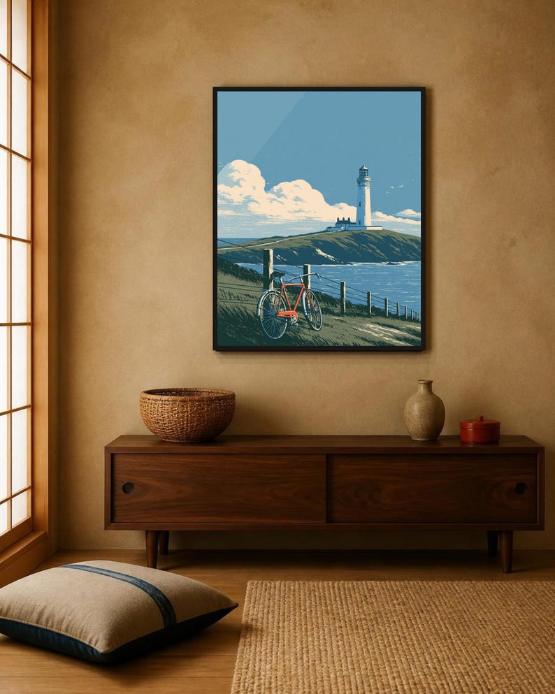 Japanese Wall Art Printable, Lighthouse Coastal Landscape Poster, Vintage Red Bicycle Print, Seaside Art, Digital Download, 5 Sizes image 3