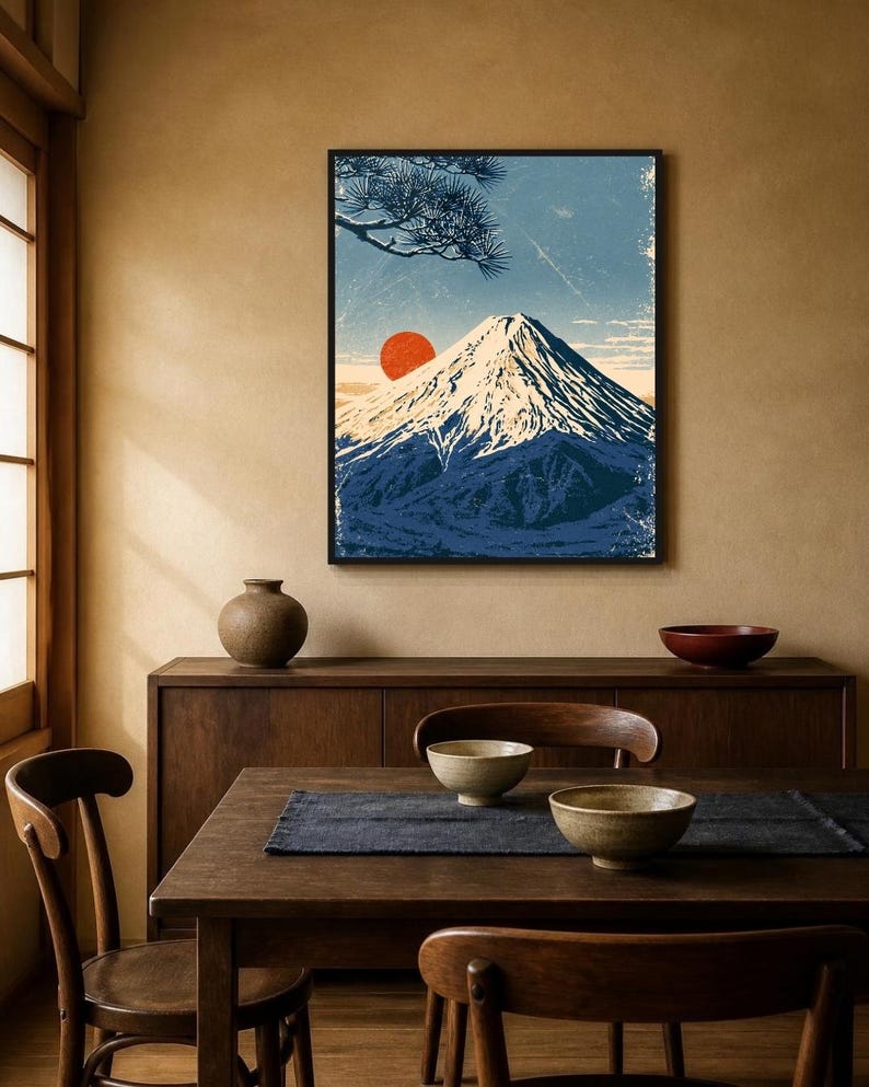 May include: A framed wall art print featuring a stylised illustration of Mount Fuji with a snow-capped peak, a vibrant orange sun, and dark blue pine tree branches in the upper corner, set against a textured light blue sky background.