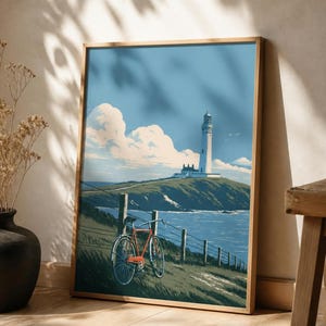 Japanese Wall Art Printable, Lighthouse Coastal Landscape Poster, Vintage Red Bicycle Print, Seaside Art, Digital Download, 5 Sizes image 1