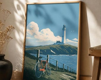 Japanese Wall Art Printable, Lighthouse Coastal Landscape Poster, Vintage Red Bicycle Print, Seaside Art, Digital Download, 5 Sizes