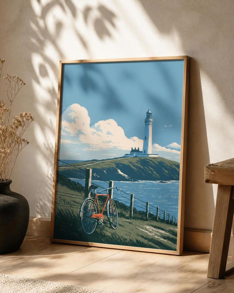 Japanese Wall Art Printable, Lighthouse Coastal Landscape Poster, Vintage Red Bicycle Print, Seaside Art, Digital Download, 5 Sizes image 1