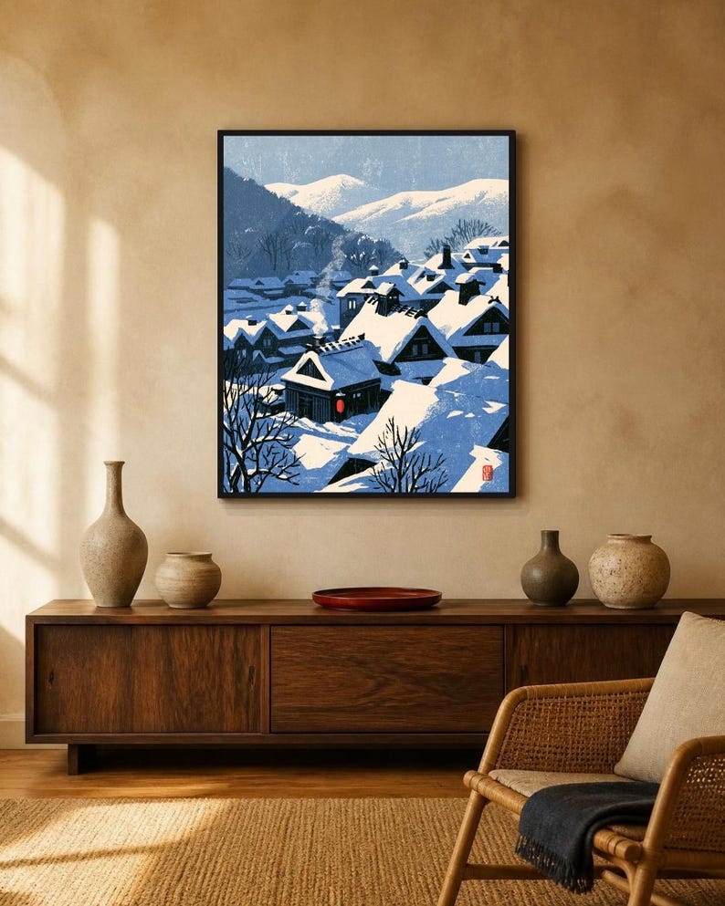 May include: A framed wall art print depicting a snowy Japanese village scene with dark wooden houses, thick white snow on roofs, a single glowing red lantern, and distant mountains under a blue sky, rendered in a stylized graphic illustration.
