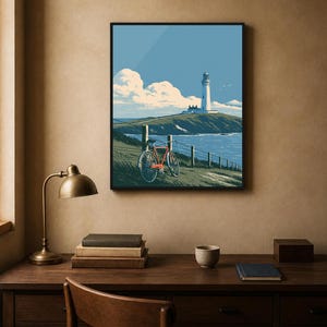 Japanese Wall Art Printable, Lighthouse Coastal Landscape Poster, Vintage Red Bicycle Print, Seaside Art, Digital Download, 5 Sizes image 7