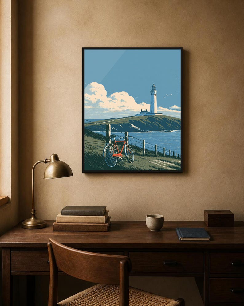 Japanese Wall Art Printable, Lighthouse Coastal Landscape Poster, Vintage Red Bicycle Print, Seaside Art, Digital Download, 5 Sizes image 7