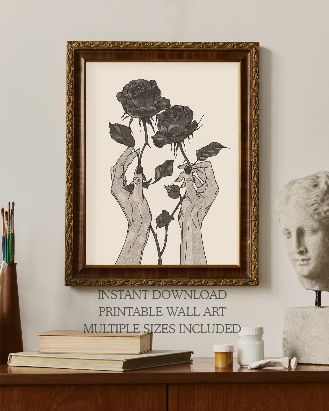 Gothic Rose Hands Line Art Print, Dark Botanical Wall Art, Fine Line ...