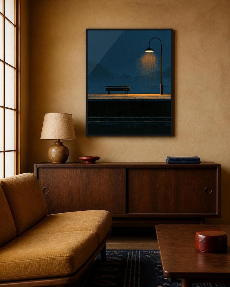 Japanese Wall Art Printable, Night Train Station Poster, Vintage Japan Print, Moody Blue Wall Art, Digital Download, Japandi Decor image 10