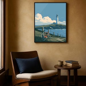 Japanese Wall Art Printable, Lighthouse Coastal Landscape Poster, Vintage Red Bicycle Print, Seaside Art, Digital Download, 5 Sizes image 11