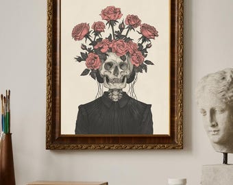 Gotische schedel vrouw muur kunst afdrukbare, poster donkere vrouwelijke schedel en rozen, gotische bloemenskeletkunst, digitale download