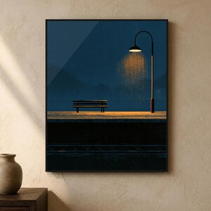 Japanese Wall Art Printable, Night Train Station Poster, Vintage Japan Print, Moody Blue Wall Art, Digital Download, Japandi Decor image 1